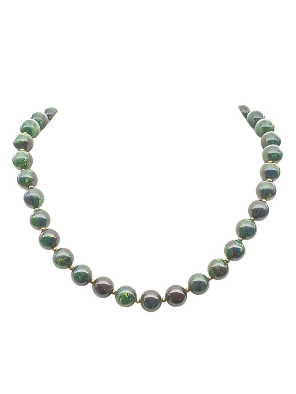 Vintage Green Faux Jade Beaded Necklace with Gold-Tone Spacers, Plastic Choker S